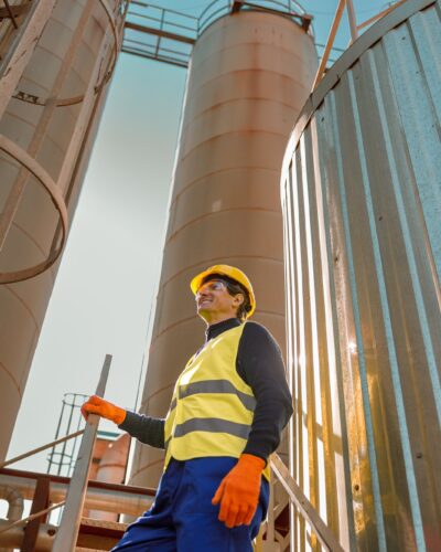 Cheerful male worker standing on stairs at factory